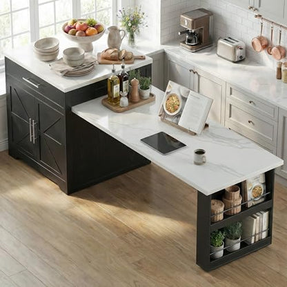 Kitchen Island with Extendable Dining Table for 4-6, Farmhouse Rolling Mobile Center Islands with Storage, Wine Glass Rack, Charging Station, 2 Drawers 2 Side Open Shelves, White marble-patterned - color: White&marble