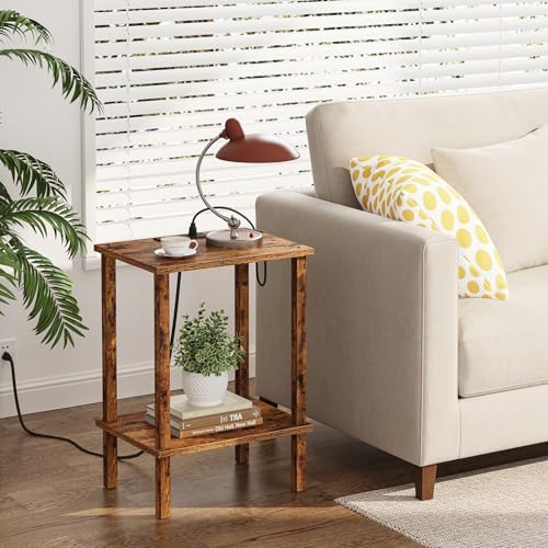 TUTOTAK End Table with Charging Station, Side Table Set of 2, Nightstand | 2-Tier Storage Shelf, Bedside Table with USB Ports, Sofa Table for Small Space, Livingroom, Bedroom Brown TB01BB041C - color: Pure Brown