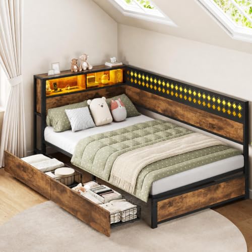 Twin Size Corner Bed Frame with 4" Trifold Mattress,Storage Drawers and Wood Headboard, L-Shaped Bed Frame Metal Platform with Charging Station & LED Lights for Small Bedroom, Vintage Brown - size: Twin & Mattress