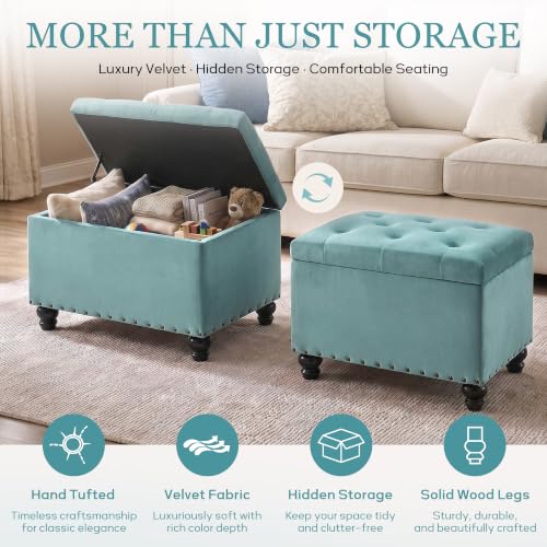 Zihanhome Velvet Storage Ottoman Bench, Button Tufted Ottoman with Hidden Storage, Upholstered Foot Rest Stool with Solid Wood Legs for Living Room, Bedroom, Entryway & Small Spaces (Mint Blue) - color: Velvet-mint Blue