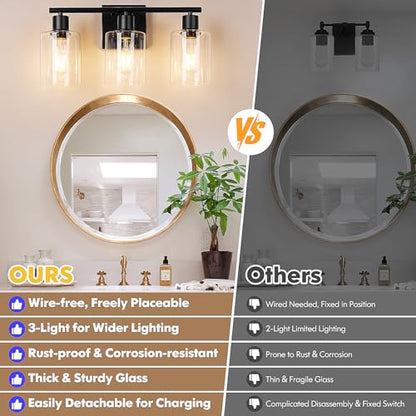 Battery Operated Wall Sconce, 3-Light Black Wireless Rechargeable Vanity Light Fixture with Remote & Bulbs, Dimmable Modern Indoor Non-Hardwired Wall Mounted Lamp for Bedroom, Living Room, Bathroom - color: Black