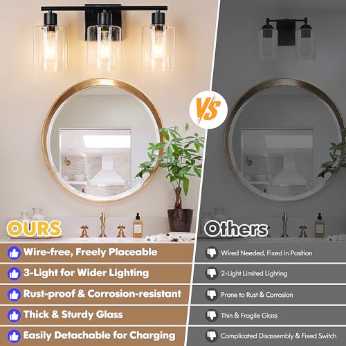 Battery Operated Wall Sconce, 3-Light Black Wireless Rechargeable Vanity Light Fixture with Remote & Bulbs, Dimmable Modern Indoor Non-Hardwired Wall Mounted Lamp for Bedroom, Living Room, Bathroom - color: Black