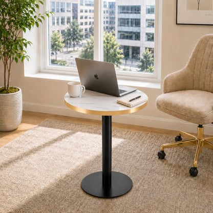TesNus 23.6" Small Round Dining Table for 2, Circle Tulip Table, Faux Marble Top with Black Metal Pedestal Base, Modern Leisure Coffee Table for Small Spaces, Cafe, Office, White&Black - color: White Top&black Base