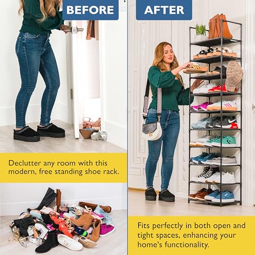 Sundaze Shoe Rack - 10 Tier Tall Shoe Rack for Closet, Sturdy Stackable Shoe Organizer for Closet, Bedroom, Entryway, Garage, Non Woven Fabric Shelf, Black, Holds 20-30 Pairs - size: 10 Tier (18.3" W)
