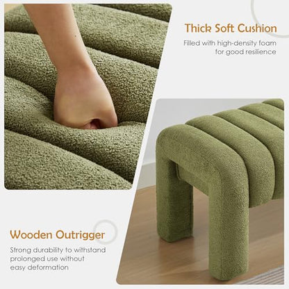 43.3" Dining Room Bench, Green Tufted Upholstered End of Bed Bench, Modern Entryway Ottoman Window Seat with Solid Wood Legs and Padded Seat for Bedroom, Hallway and Living Room (Boucle) - color: Green Boucle, size: 43.3"