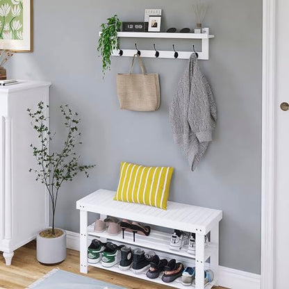 SMIBUY Coat Hooks with Shelf Wall-Mounted, 29.2 Inch Entryway Coat Rack for Wall, Bamboo Hanging Shelf with 5 Double Metal Hooks for Bathroom, Bedroom, Kitchen, Living Room (White + Black) - color: White + Black