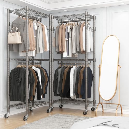 BATHWA Clothes Rack Rolling Narrow 2 tier Garment Rack for Hanging Clothes， Space Saving Portable Clothing Rack with Wheels and Double Rods 8 Hangers, Adjustable, Gray