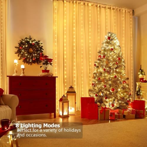 Warm White Curtain Lights, 6.5 x 6.5ft 200 LED USB Twinkle Fairy String Lights with Remote & Timer, IP65 Waterproof Hanging String Curtain Lights for Bedroom Backdrop Christmas Holiday Decor - size: Warm White - 6.5ft x 6.5ft