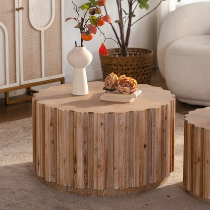 WILLIAMPSACE Round Nesting Coffee Table Set of 2, Rustic Farmhouse Wooden Drum Center Tables with Vertical Slatted Body, Tea Table for Living Room Apartment, No Assembly (19.7"+27.5", Natural) - color: 19.7"+27.5", Natural