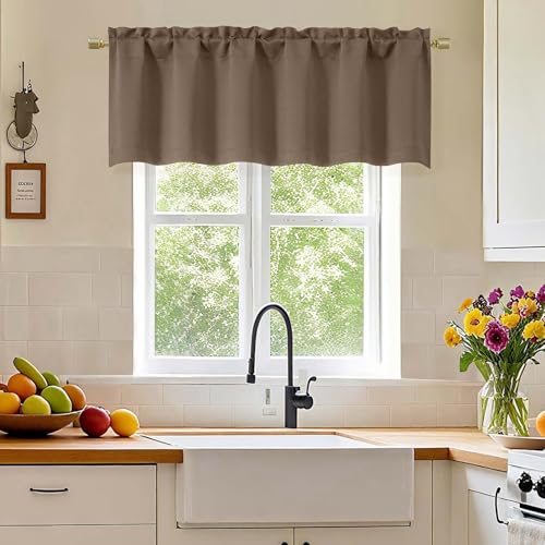 Simplebrand Brown Valance for Windows, Short Blackout Curtains for Kitchen/Small Windows with Rod Pocket，Thermal Insulated Solid Curtain Valance, Each 60Wx14L Inches, 1 Piece - color: Brown, size: 60"W x 14"L (Pack of 1)