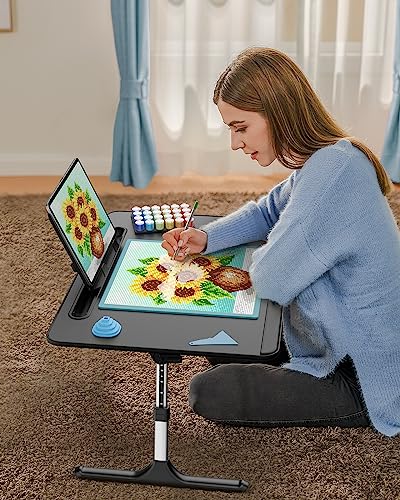Laptop Table with LED Desk Light, SAIJI Laptop Stand for Bed | Height Adjustments Bed Desk with Book Stand for Reading Writing Drawing (Black) - color: Bed Desk /Led Light