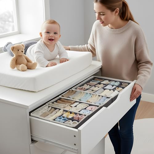 DECOMOMO Adjustable Drawer Organizer Clothes, 12 Pack Drawer Dividers | Fabric Storage Bins, Baby Dresser Organizer for Nursery, Underwear, Bra, Socks (Grey)