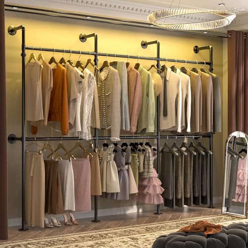 Aheaplus Industrial Pipe Clothing Rack, Reversible 9.85FT Clothes Rack for Hanging Clothes, Heavy Duty Garment Racks, Wall Mounted Closet Wardrobe Racks, Corner L Shaped Walk-in Closet System, Black - size: 118 inches
