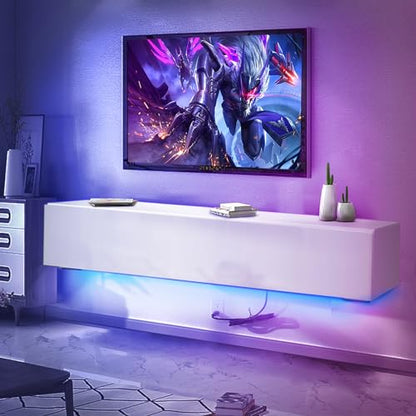 HOMMPA Floating TV Stand with LED for 65/60/55 inch TV, Modern High Gloss Wall Mounted Entertainment Center with Storage, Floor Mounted Media Console, White - color: White