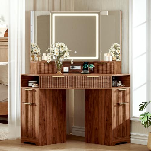 Corner Makeup Vanity Desk with 3 Way Mirror and Lights,48" Large Vanity Table with 6 Drawers & Storage Cabinets, Charging Station, Fluted Dressing Table for Bedroom, Brown - color: Brown