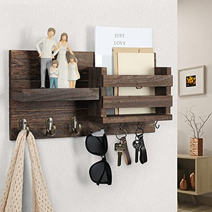 Lwenki Mail Organizer for Wall Mount – Key Holder with Shelf Includes Letter Holder and Hooks for Coats, Dog Leashes – Rustic Wood with Flush Mounting Hardware (16.5” x 8.7” x 3.5”) - color: Brown