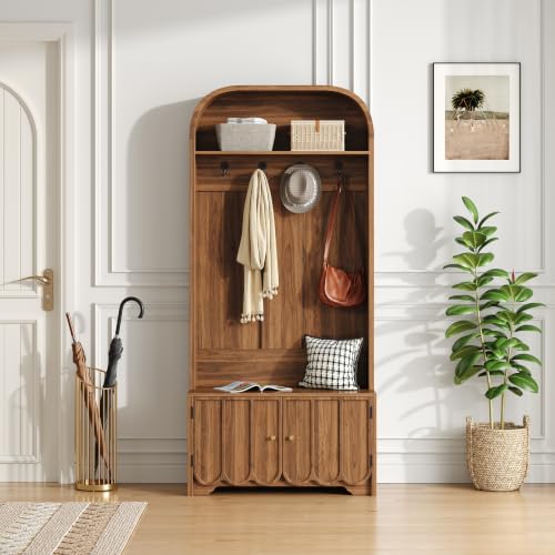Narrow Entryway Hall Tree with Storage, Entryway Storage Bench w Coat Rack | hall tree, 70" Arch Coat Rack with 4 Hooks and 2 Fluted Doors,Farmhouse Furniture Organizer for Hallway, Walnut - color: Walnut Oak