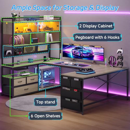 busyeah U-Shaped Gaming Desk with Storage Shelves & 3 Drawers, Oak Gray | Reversible Computer Desk with LED Lights & Charging Station, Gaming Desk with Hutch and Pegboard for Home Office, Gamers - color: Oak Gray
