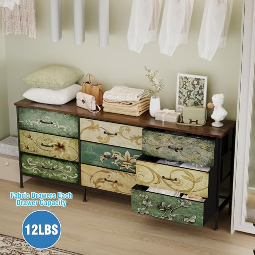 Dresser with Drawers for Bedroom Chest of Drawers Fabric Dresser for Closet,Nursery Entryway Hall Tree TV Stand for Living Room Retro Floral Pattern Drawers Wooden Top (Wide 9 Drawers) - size: 11.8"D x 62.9"W x 26.7"H (9 Drawers)