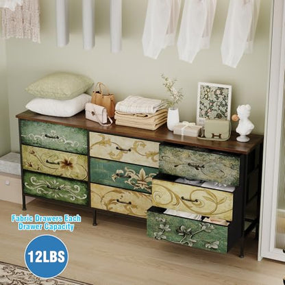 Dresser with Drawers for Bedroom Chest of Drawers Fabric Dresser for Closet,Nursery Entryway Hall Tree TV Stand for Living Room Retro Floral Pattern Drawers Wooden Top (Wide 9 Drawers) - size: 11.8"D x 62.9"W x 26.7"H (9 Drawers)