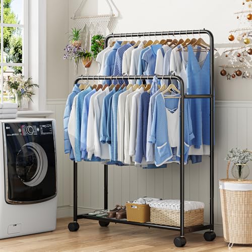 Simple Trending Clothing Clothes Rack, Double Rod Garment Rack, Black | Portable Closet with Bottom Shelf, Anti-Slip Stoppers, 360° Lockable Wheels, Multiple Uses, Bedroom, Laundry Room - color: Black