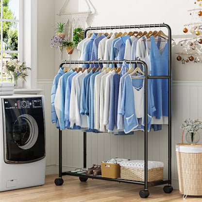 Simple Trending Clothing Clothes Rack, Double Rod Garment Rack, Black | Portable Closet with Bottom Shelf, Anti-Slip Stoppers, 360° Lockable Wheels, Multiple Uses, Bedroom, Laundry Room - color: Black