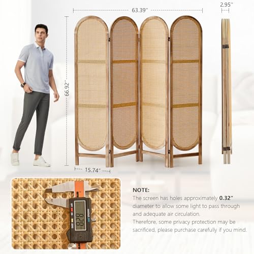 4 Panel Rattan Room Divider, Folding Room Divider Screen, Natural | Pine Wood Frame Freestanding Privacy Screen, Arched Room Separator for Bedroom Office, Light-Filtering Privacy, Easy to Move - color: 4 Panels Natural, size: 4 Panels