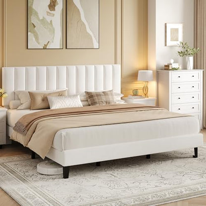 Garvee King Size Platform Bed Frame with Upholstered Headboard, White | Fully Velvet Upholstered Mattress Foundation with Height Adjustable Headboard, No Box Spring Needed, Easy Assembly - color: White, size: King