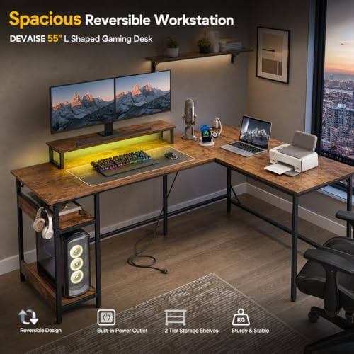 DEVAISE 55 Inch L Shaped Gaming Desk with LED Lights and Power Outlets | Reversible corner desk with monitor stand, 2-tier shelves, and app-controlled lighting for work or gaming spaces - size: 55 Inch