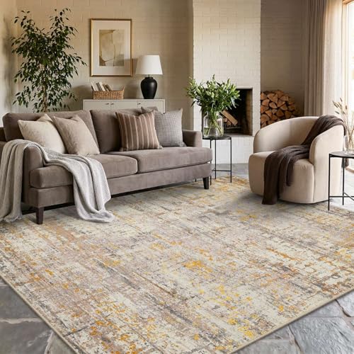 6x9 BeigeGold Modern Abstract Neutral Washable Rug for Living Room | Machine Washable,Soft,Non-Slip,Large Rug,Stain Resistant Low Pile Carpet for Office Dining Room Kitchen Home Deco - color: Beige Gold, size: 6' x 9' (Rectangular)