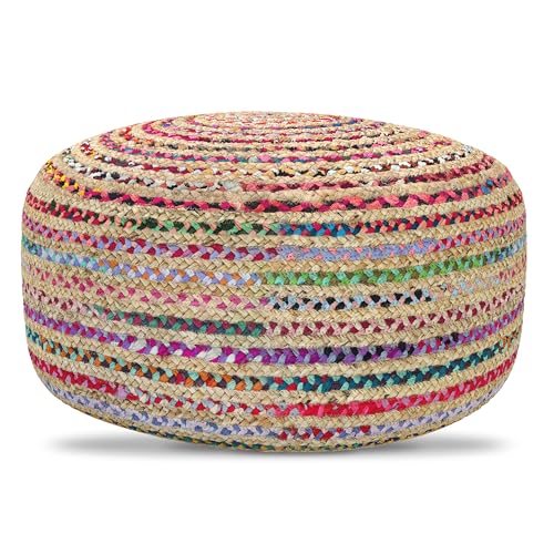 SIMPLIHOME Nate 20" Wide Square Pouf in Light Teal Handwoven Cotton | Versatile boho footstool, braided pouf, extra seating for living room or bedroom with swirl pattern, assembled; pouf ottoman. - color: Multi-color, style: Pouf