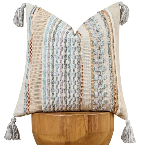 Chenille Striped Textured Boho Throw Pillow Covers Aesthetic with Tassels Woven Decorative Pillow Case for Couch Bed Sofa Bedroom Modern Funky 18 x 18-Inch White Multicolor - color: White Multicolor, size: 18" x 18" (Pack of 1)
