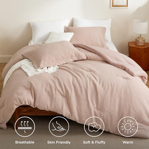 Bedsure 2 piece Comforter Set，Waffle Comforter Set Twin, All Seasons Dusty Pink Bedding Comforter Set,1 Waffle Weave Comforter (68"x88") and 1 Pillow Sham (20"x26"+2")