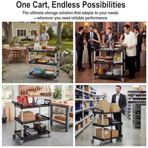3-Tier Rolling Utility Cart with Wheels, 510 lbs Capacity Service Cart, Commercial Kitchen Cart with 4 Lockable Swivel Casters for Restaurant/Home/Warehouse/Office (31.5"L x 15.75"W x 37.4"H)
