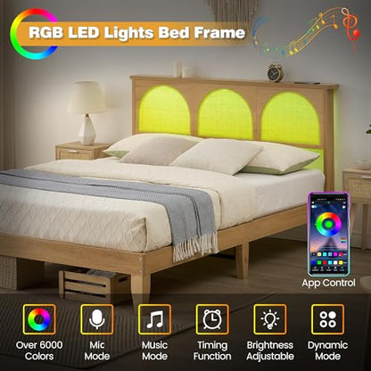 GAOMON Queen Bed Frame with Natural Rattan Headboard, Queen Size Platform Bed Frame with LED Lights and Rattan Headboard, Wooden Support Legs, No Box Spring Needed, Easy Assembly