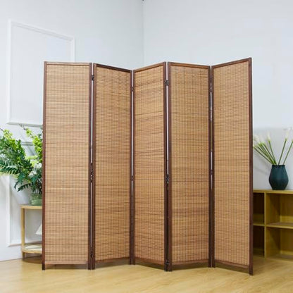 5 Panel Bamboo Room Divider Screen,5.6 FT Tall Bamboo Divider Folding Privacy Screen,Freestanding Panel Divider for Room Seperation,Brown - color: Brown, size: 5 Panel