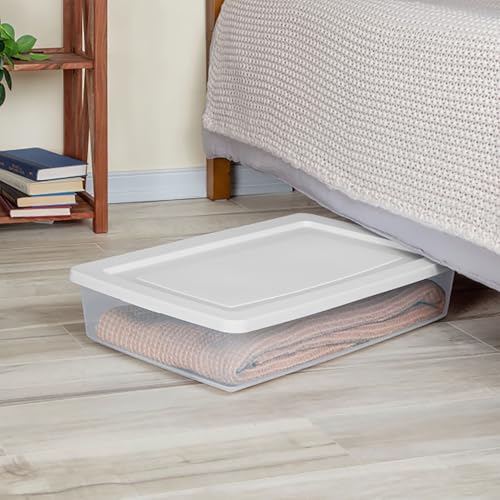 Sterilite 41 Qt Underbed Storage Box, Stackable Bin with Lid, Plastic Container to Organize Bedroom, Clear Base and White Lid, (Pack of 6) - size: 41 Quart, style: 6 Pack