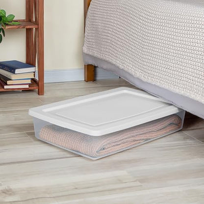 Sterilite 41 Qt Underbed Storage Box, Stackable Bin with Lid, Plastic Container to Organize Bedroom, Clear Base and White Lid, (Pack of 6) - size: 41 Quart, style: 6 Pack
