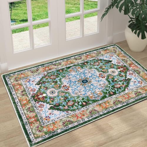 U'Artlines Washable Boho Area Rug, 2x3 Small Green Mat | Non Slip, Vintage, Soft Doormat for Indoor Front Door, Carpet for Entryway Kitchen Bathroom Bedroom - color: Green, size: 2' x 3' (Runner)