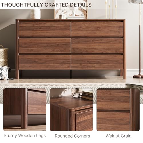 MAISONARIA Walnut 3-Piece Dresser Bedroom Set, 6 Drawers Dresser & 3 Drawer Nightstands with Hidden Handles, Wood Chest of Drawers for Bedroom, Living Room, Entryway - color: Walnut, size: 6+3