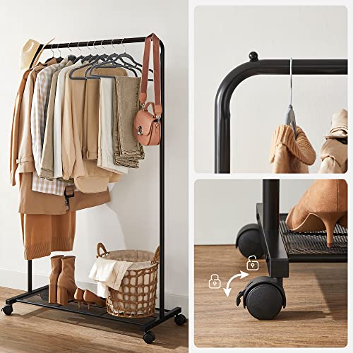 SONGMICS Clothes Rack with Wheels, Clothing Rack for Hanging Clothes, 25.4 mm Metal Garment Rack with Dense Mesh Storage Shelf, 110 lb Load Capacity, 2 Brakes, Black UHSR25BK - color: Black, style: Single Rod