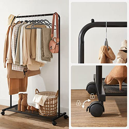 SONGMICS Clothes Rack with Wheels, Clothing Rack for Hanging Clothes, 25.4 mm Metal Garment Rack with Dense Mesh Storage Shelf, 110 lb Load Capacity, 2 Brakes, Black UHSR25BK - color: Black, style: Single Rod