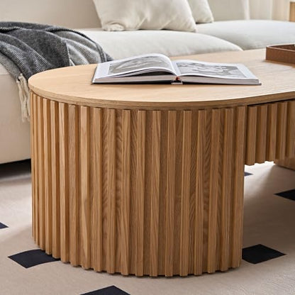 51.18'' Oval Wood Coffee Table with Drawer, Centre Table Tea Table Fluted Coffee Table Mid Century Modern Round Coffee Table Unique for Living Room Apartment-Oak - color: Oak, size: 51.18"x23.62"x14.56"
