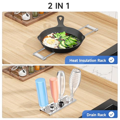 Expandable Over Sink Water Bottle Drying Rack with Dish Cloth Holder, Metal Kitchen Cup Drying Rack, Space-Saving Sink Drainer for Baby Bottles, Bottles, Dish Rags, Gloves & Reusable Bags (Silver)