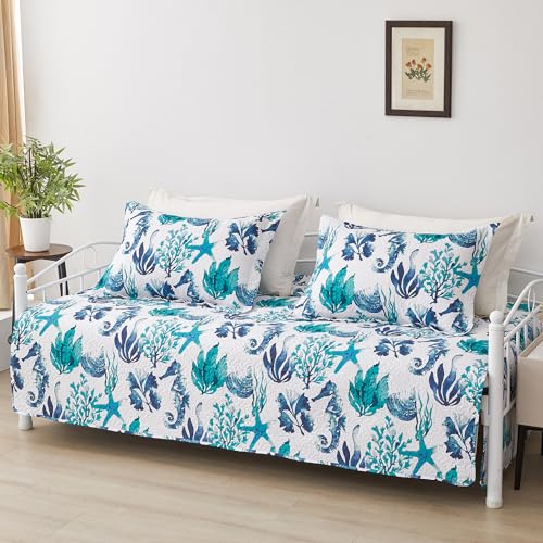 Jarson 3 Piece Beach Daybed Cover Set Twin Green Blue White Coastal Quilted Daybed Bedding Sets Double Side Cozy Ocean Sofa Daybed Cover with 2 Shams - color: Seahorse Seaweed
