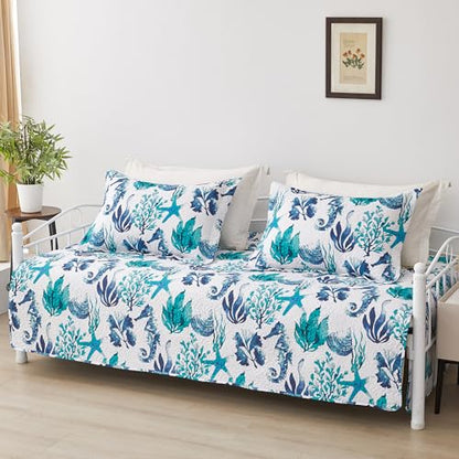 Jarson 3 Piece Beach Daybed Cover Set Twin Green Blue White Coastal Quilted Daybed Bedding Sets Double Side Cozy Ocean Sofa Daybed Cover with 2 Shams - color: Seahorse Seaweed