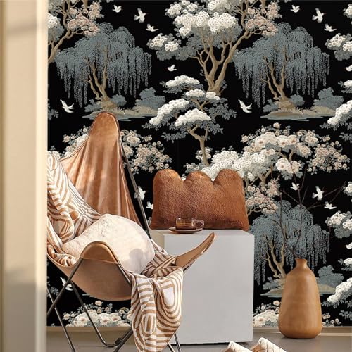 Vintage Garden Weeping Willow White Blossom Tree Crane Bird Peel and Stick Wallpaper Easy Peel Off Contact Paper Stick on Adhesive Wall Paper for Bathroom Waterproof Renter 17.71"x236.2" - color: LD-140b, size: 17.7" x 236"