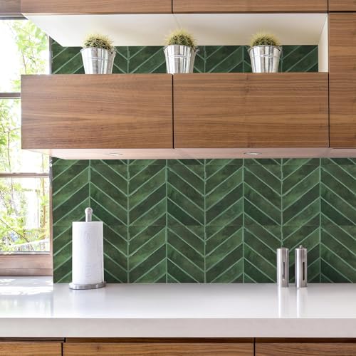 STICKGOO Herringbone Peel and Stick Backsplash, Green, 10 Sheets | 12.6 x 9.7 in, Thicker Rectangular Vinyl Stick-On Wall Tiles, Easy Alignment, Waterproof, Easy to Clean, Kitchen/Bathroom - color: Green, size: Pack of 10