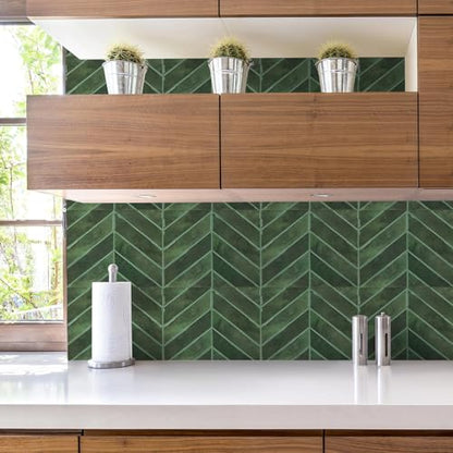 STICKGOO Herringbone Peel and Stick Backsplash, Green, 10 Sheets | 12.6 x 9.7 in, Thicker Rectangular Vinyl Stick-On Wall Tiles, Easy Alignment, Waterproof, Easy to Clean, Kitchen/Bathroom - color: Green, size: Pack of 10