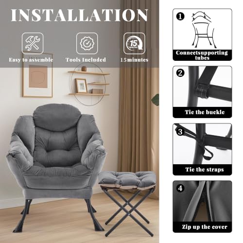 Lazy Chair with Ottoman, Comfy Reading Chair, Darkgrey | Cushioned Seat with Foldable Ottoman and Side Pocket, Lounge Chair for Bedroom, Living Room, Dorm and Small Spaces - color: Darkgrey